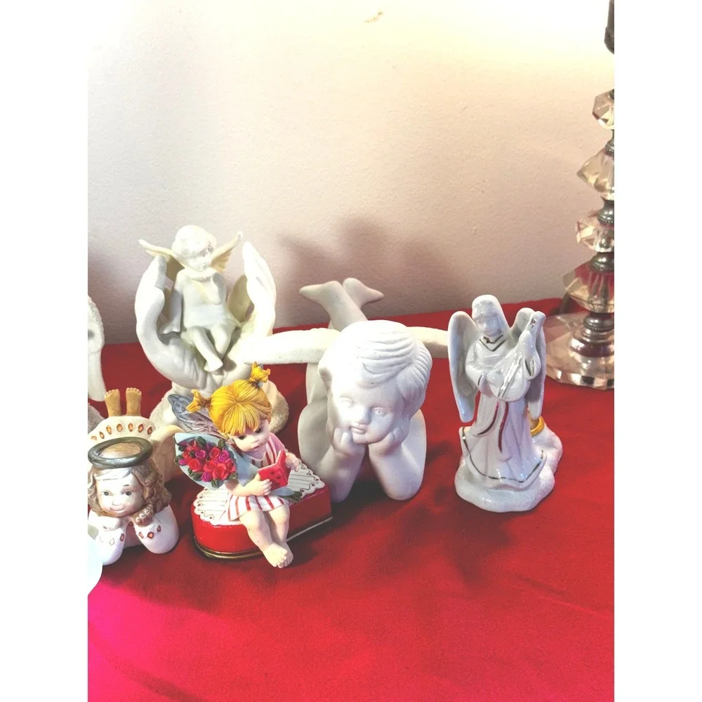 Vintage Angel Figurine Lot White Ceramic Cherubs Candle Holders Bell Decor 10pc